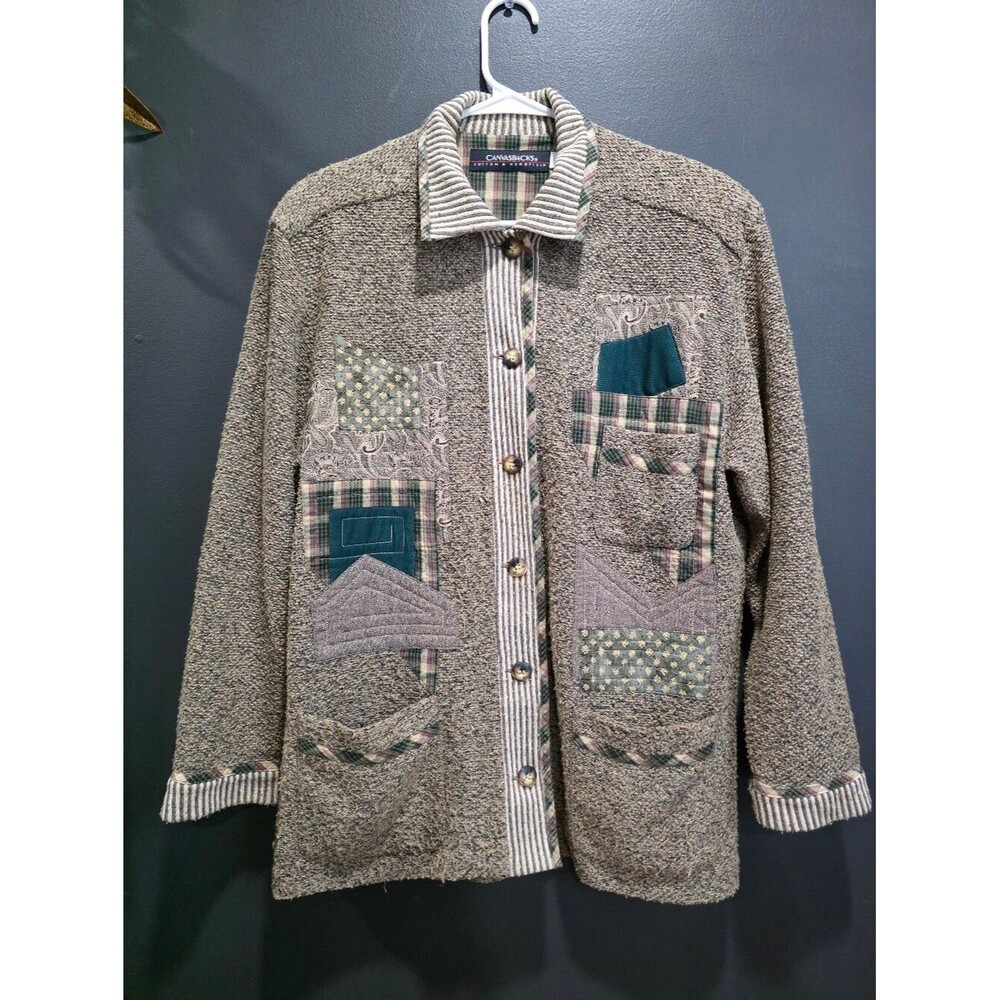 Canvasbacks Tweed Style Patchwork Cardigan Sz L Mixed Media Unisex Cottage